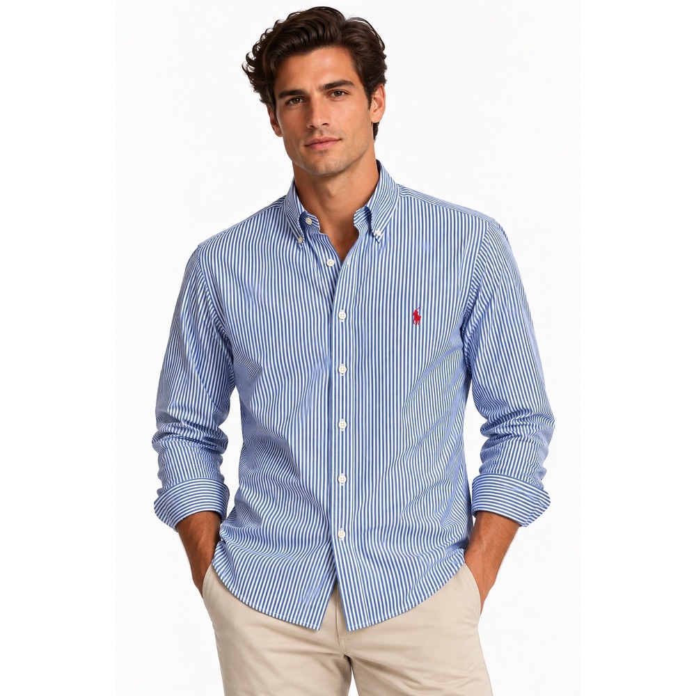 Polo Ralph Lauren Men's Small Custom Fit Blue White Striped Button Down Shirt